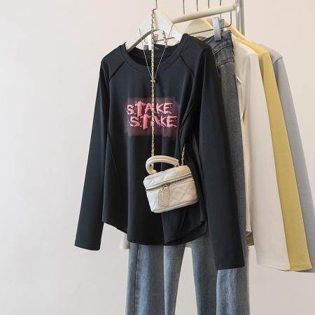 FA37468# 大码女装秋季新款轻职风显瘦字母长袖T恤上衣 服裝批發女裝批發服飾貨源