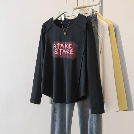 FA37468# 大码女装秋季新款轻职风显瘦字母长袖T恤上衣 服裝批發女裝批發服飾貨源