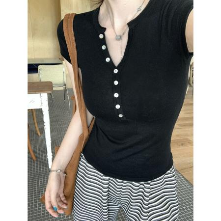 FA37471# 纸片人纯欲修身针织短袖 服裝批發女裝批發服飾貨源