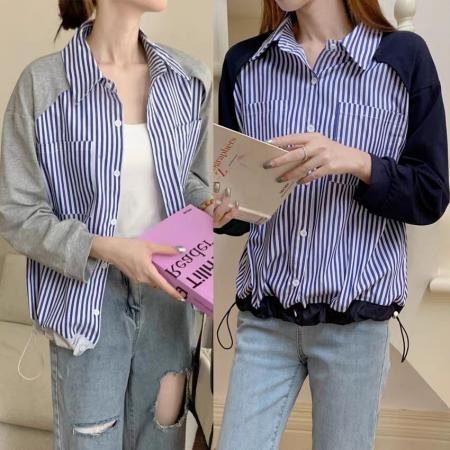 FA37472# 复古别致条纹拼接撞色长袖衬衫女设计感小众时尚气质减龄短款上衣 服裝批發女裝批發服飾貨源