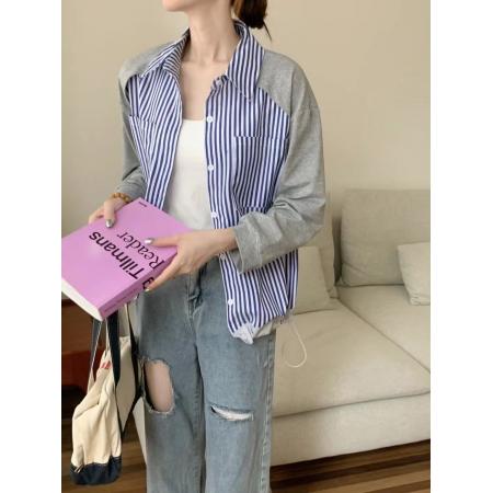 FA37472# 复古别致条纹拼接撞色长袖衬衫女设计感小众时尚气质减龄短款上衣 服裝批發女裝批發服飾貨源