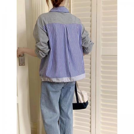 FA37472# 复古别致条纹拼接撞色长袖衬衫女设计感小众时尚气质减龄短款上衣 服裝批發女裝批發服飾貨源