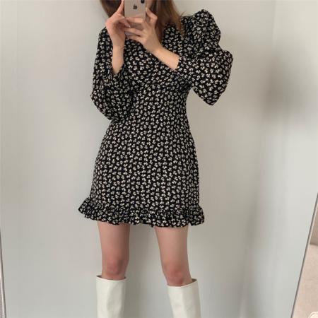 FA37473# 秋季黑色碎花连衣裙女一片式波点短裙长袖裹身裙v领性感雪纺裙子 服裝批發女裝批發服飾貨源
