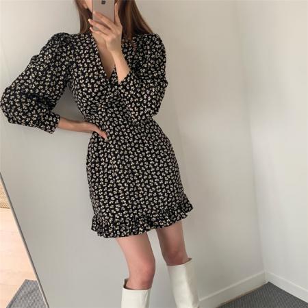 FA37473# 秋季黑色碎花连衣裙女一片式波点短裙长袖裹身裙v领性感雪纺裙子 服裝批發女裝批發服飾貨源