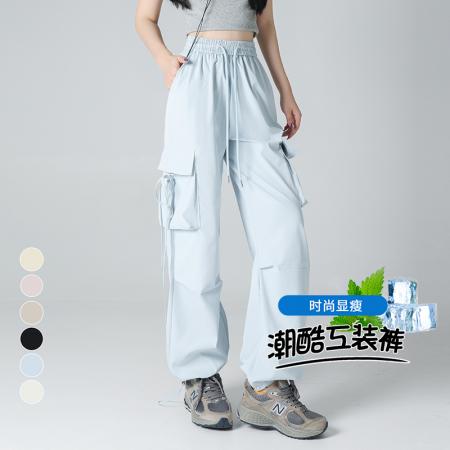 FA37479# 美式杏色工装裤女速干夏季新款束脚裤阔腿运动裤 服裝批發女裝批發服飾貨源