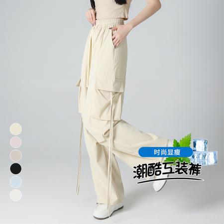 FA37479# 美式杏色工装裤女速干夏季新款束脚裤阔腿运动裤 服裝批發女裝批發服飾貨源