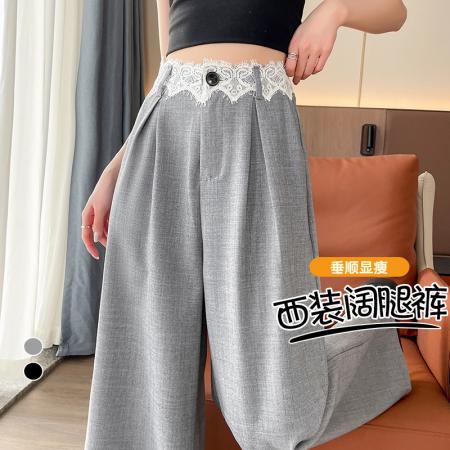 FA37480# 今年流行的黑色蕾丝高腰西装阔腿直筒裤子女新款早春季高个子 服裝批發女裝批發服飾貨源