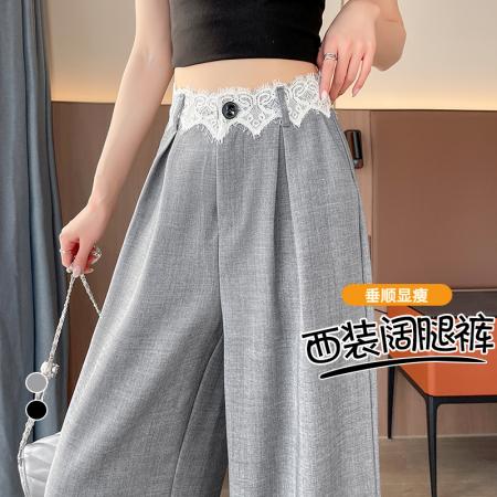 FA37480# 今年流行的黑色蕾丝高腰西装阔腿直筒裤子女新款早春季高个子 服裝批發女裝批發服飾貨源