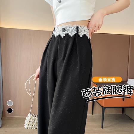 FA37480# 今年流行的黑色蕾丝高腰西装阔腿直筒裤子女新款早春季高个子 服裝批發女裝批發服飾貨源
