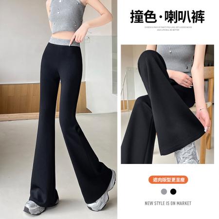 FA37482# 垂感运动美式撞色拼接微喇叭卫裤女新款修身拖地显瘦休闲裤子 服裝批發女裝批發服飾貨源