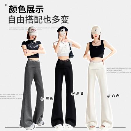 FA37485# 蕾丝拼接喇叭裤女新款春夏薄款高腰垂感修身显瘦微喇瑜伽裤子 服裝批發女裝批發服飾貨源