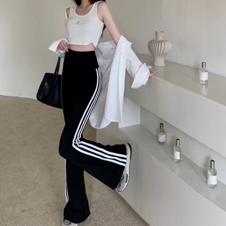 FA37486# 三条杠喇叭裤女鲨鱼裤高腰弹力修身显瘦百搭微喇长裤 服裝批發女裝批發服飾貨源