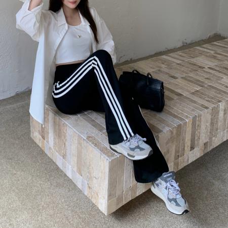 FA37486# 三条杠喇叭裤女鲨鱼裤高腰弹力修身显瘦百搭微喇长裤 服裝批發女裝批發服飾貨源