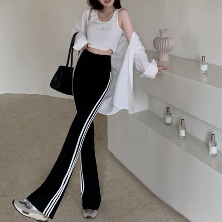 FA37486# 三条杠喇叭裤女鲨鱼裤高腰弹力修身显瘦百搭微喇长裤 服裝批發女裝批發服飾貨源