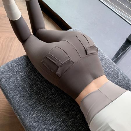 FA37488# 咖色口袋工装瑜伽裤女弹力收腹提臀鲨鱼裤健身骑行打底裤 服裝批發女裝批發服飾貨源