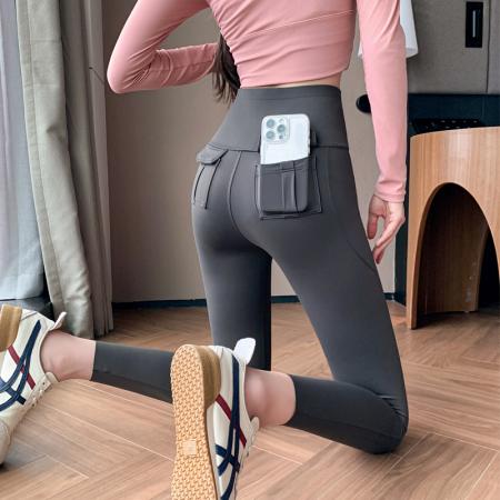 FA37488# 咖色口袋工装瑜伽裤女弹力收腹提臀鲨鱼裤健身骑行打底裤 服裝批發女裝批發服飾貨源