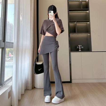 FA37489# 假两件喇叭裤女高腰弹力修身显瘦绑带裤裙微喇长裤 服裝批發女裝批發服飾貨源