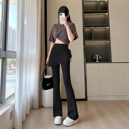 FA37489# 假两件喇叭裤女高腰弹力修身显瘦绑带裤裙微喇长裤 服裝批發女裝批發服飾貨源