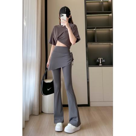 FA37489# 假两件喇叭裤女高腰弹力修身显瘦绑带裤裙微喇长裤 服裝批發女裝批發服飾貨源