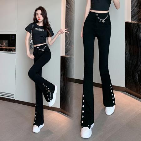 FA37491# 春夏新款LULU都市摩登时髦设计感修身弹力牛仔裤微喇裤女 服裝批發女裝批發服飾貨源