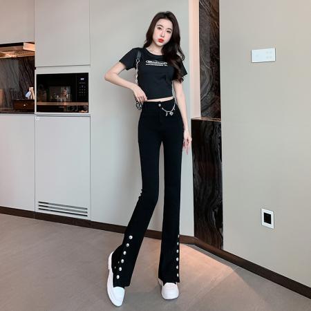 FA37491# 春夏新款LULU都市摩登时髦设计感修身弹力牛仔裤微喇裤女 服裝批發女裝批發服飾貨源