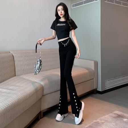 FA37491# 春夏新款LULU都市摩登时髦设计感修身弹力牛仔裤微喇裤女 服裝批發女裝批發服飾貨源