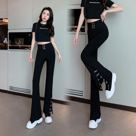 FA37492# 春夏新款设计感重工钩扣高腰显瘦开叉微喇裤港风chic裤子潮 服裝批發女裝批發服飾貨源