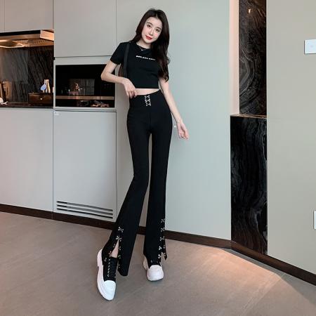 FA37492# 春夏新款设计感重工钩扣高腰显瘦开叉微喇裤港风chic裤子潮 服裝批發女裝批發服飾貨源