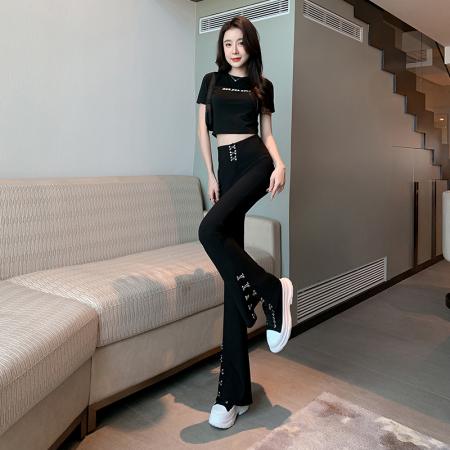 FA37492# 春夏新款设计感重工钩扣高腰显瘦开叉微喇裤港风chic裤子潮 服裝批發女裝批發服飾貨源