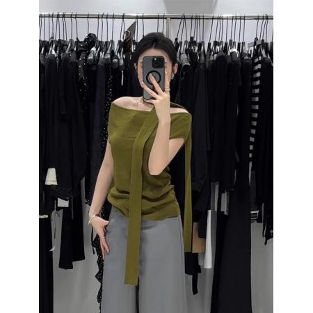 FA37500# 法式绿色一字肩飘带短袖t恤女夏季小个子冰丝针织短款露肩上衣薄 服裝批發女裝批發服飾貨源