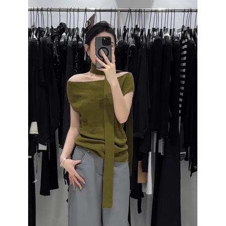 FA37500# 法式绿色一字肩飘带短袖t恤女夏季小个子冰丝针织短款露肩上衣薄 服裝批發女裝批發服飾貨源