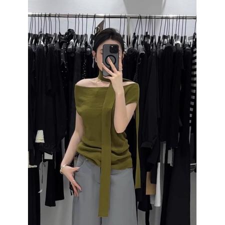 FA37500# 法式绿色一字肩飘带短袖t恤女夏季小个子冰丝针织短款露肩上衣薄 服裝批發女裝批發服飾貨源