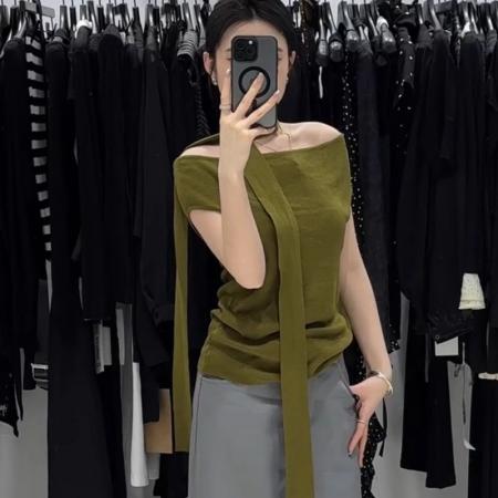 FA37500# 法式绿色一字肩飘带短袖t恤女夏季小个子冰丝针织短款露肩上衣薄 服裝批發女裝批發服飾貨源