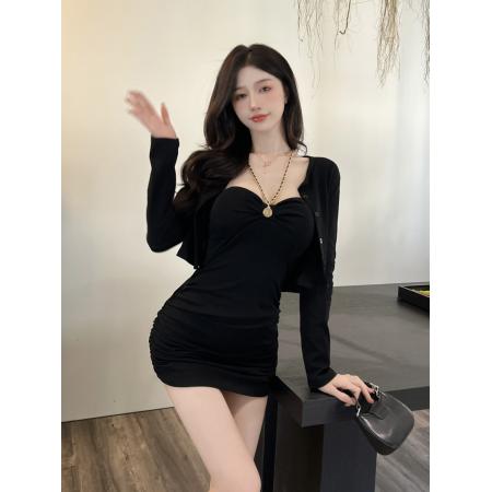 FA37503# 性感辣妹褶皱修身包臀吊连衣裙两件套秋装短款小开衫外套套装 服裝批發女裝批發服飾貨源