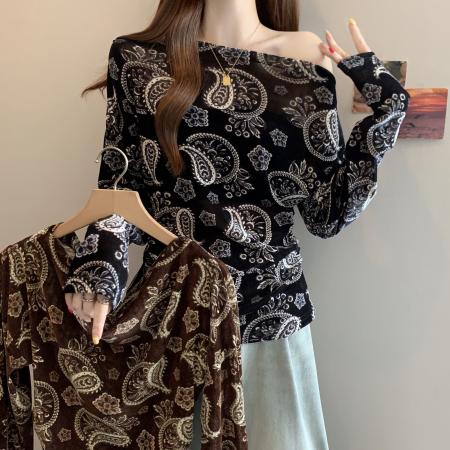 FA37504# 大码MM秋新款优雅腰果花斜肩长袖小衫女上衣衬衫 服裝批發女裝批發服飾貨源