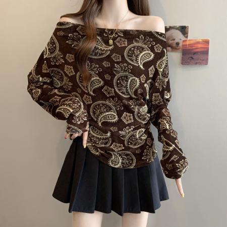 FA37504# 大码MM秋新款优雅腰果花斜肩长袖小衫女上衣衬衫 服裝批發女裝批發服飾貨源