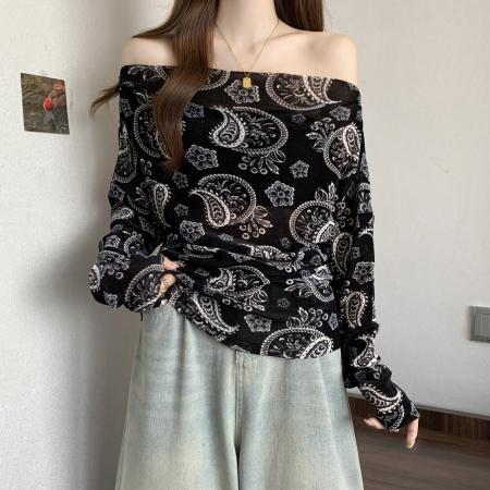 FA37504# 大码MM秋新款优雅腰果花斜肩长袖小衫女上衣衬衫 服裝批發女裝批發服飾貨源