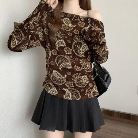 FA37504# 大码MM秋新款优雅腰果花斜肩长袖小衫女上衣衬衫 服裝批發女裝批發服飾貨源