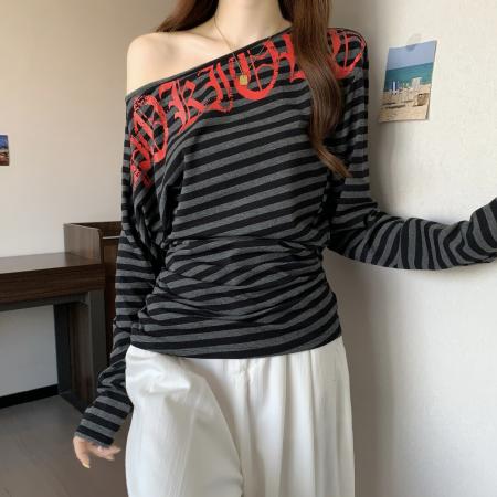 FA37506# 大码微胖妹妹前后两穿Y2K字母印花捏褶收腰条纹T恤长袖不规则上衣 服裝批發女裝批發服飾貨源