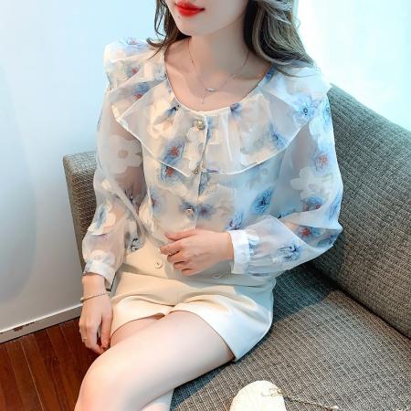FA37508# 刺绣印花缎面长袖衬衫秋季新款法式宫廷风雪纺衫女装 服裝批發女裝批發服飾貨源