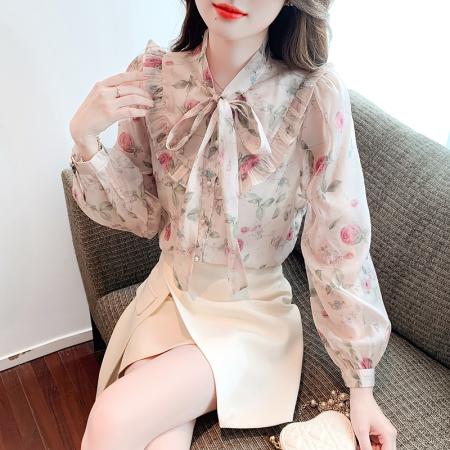 FA37509# 温柔风优雅雪纺上衣女早秋装新蝴蝶结气质小衫长袖打底衫 服裝批發女裝批發服飾貨源