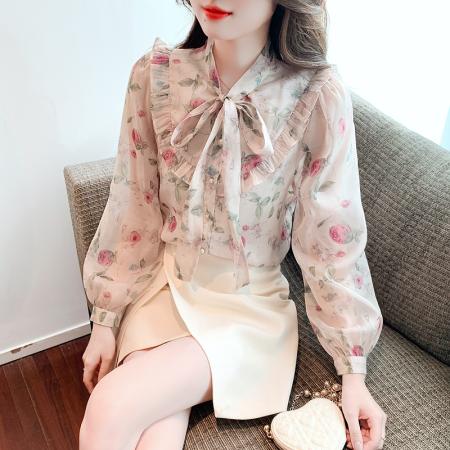 FA37509# 温柔风优雅雪纺上衣女早秋装新蝴蝶结气质小衫长袖打底衫 服裝批發女裝批發服飾貨源