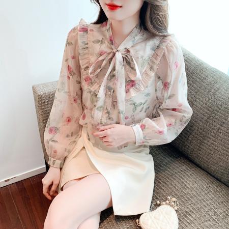 FA37509# 温柔风优雅雪纺上衣女早秋装新蝴蝶结气质小衫长袖打底衫 服裝批發女裝批發服飾貨源