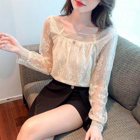 FA37510# 法式甜美镂空蕾丝衫秋季新款方领花边拼接小衫长袖打底上衣女 服裝批發女裝批發服飾貨源