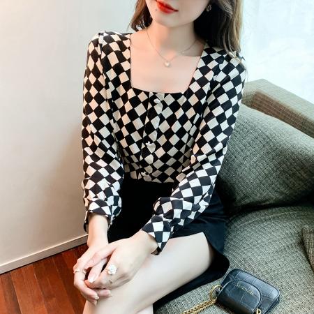 FA37511# 早秋季法式小众气质泡泡袖方领长袖复古格子短款衬衫女上衣 服裝批發女裝批發服飾貨源