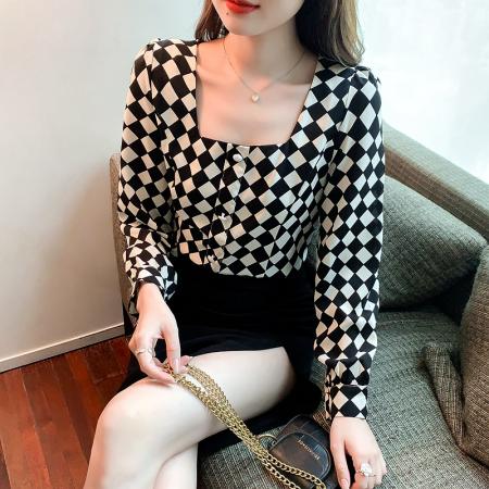 FA37511# 早秋季法式小众气质泡泡袖方领长袖复古格子短款衬衫女上衣 服裝批發女裝批發服飾貨源