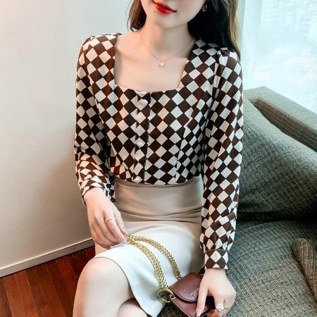 FA37511# 早秋季法式小众气质泡泡袖方领长袖复古格子短款衬衫女上衣 服裝批發女裝批發服飾貨源