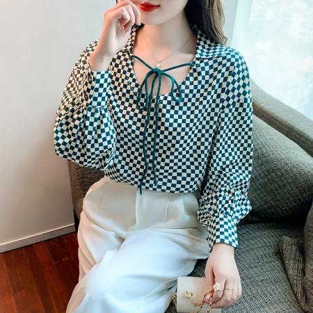 FA37513# 秋装新款女装复古棋盘格雪纺衫小众长袖系带衬衫上衣 服裝批發女裝批發服飾貨源