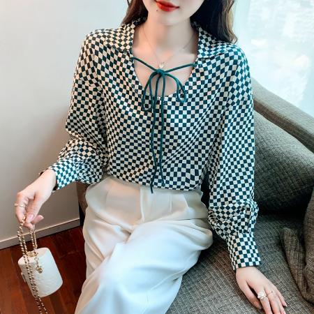 FA37513# 秋装新款女装复古棋盘格雪纺衫小众长袖系带衬衫上衣 服裝批發女裝批發服飾貨源