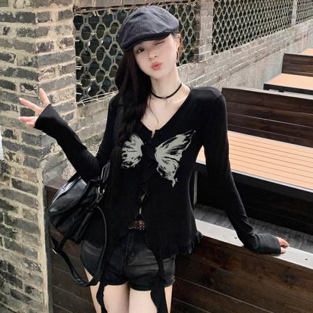 FA37514# 辣妹蝴蝶印花飘带长袖T恤女早秋设计感修身显瘦小众上衣 服裝批發女裝批發服飾貨源